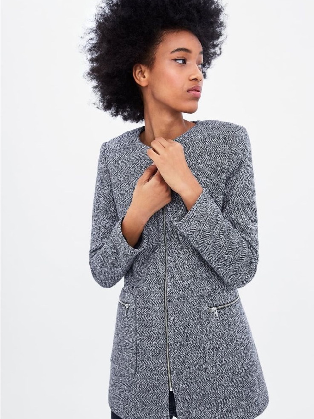Zara Gray Herringbone Zip-Front Blazer